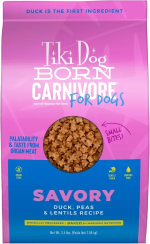Tiki Dog Born Carnivore for Dogs, Savory Duck, Peas & Lentils Recipe, Grain Free Baked Kibble for Maximum Nutrition, For Adult Dogs and All Size Breed Dogs, 3.5 lbs Bag(Pack of 1)