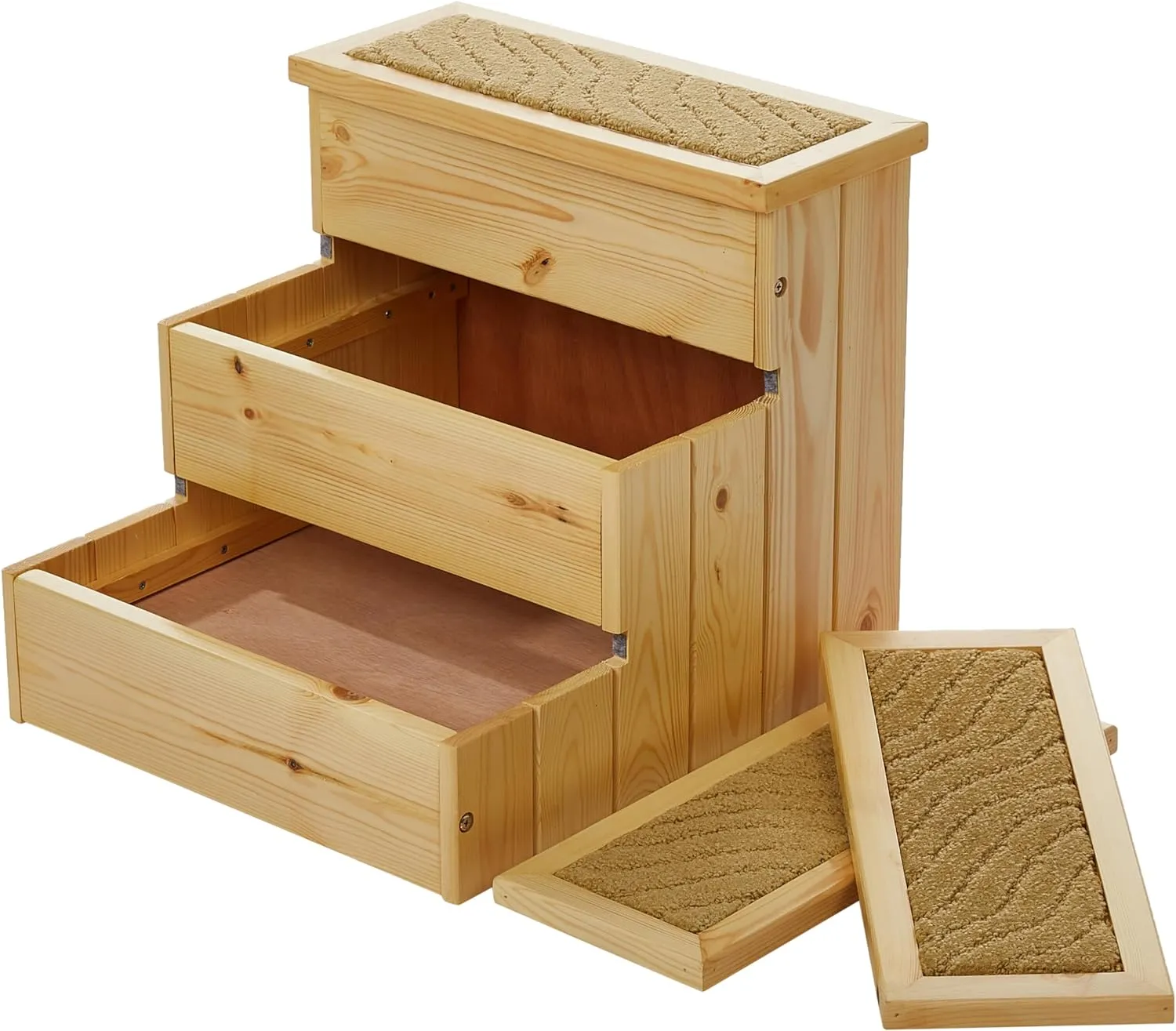 TRIXIE Wooden Dog Stairs with Nonslip Carpet - 3 Step Pet Stairs for Beds and Couches - with Additional Storage Space - in Natural